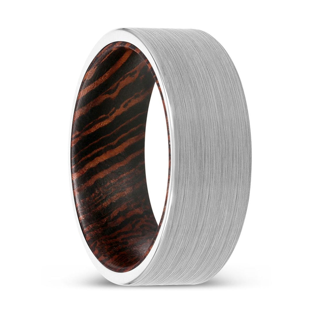 CHRISTOS | Wenge Wood, White Tungsten Ring, Brushed, Flat - Rings - Aydins Jewelry - 1