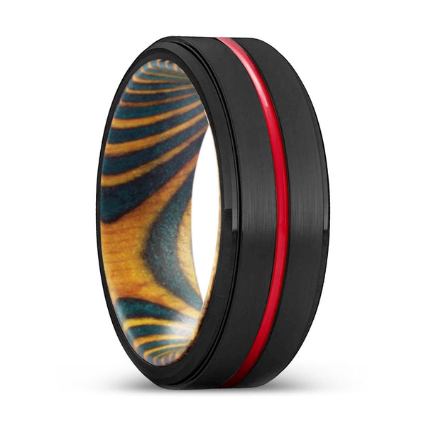 CHUCK | Green & Yellow Wood, Black Tungsten Ring, Red Groove, Stepped Edge - Rings - Aydins Jewelry - 1