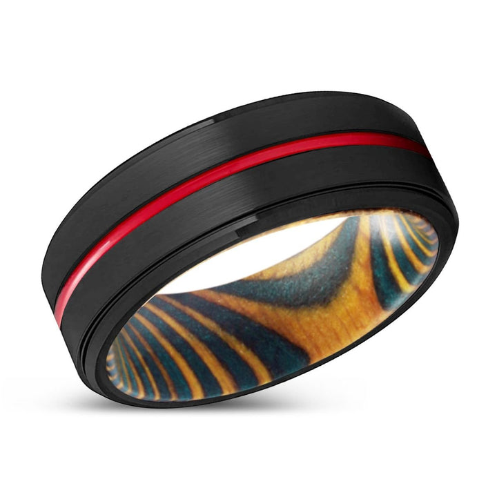 CHUCK | Green & Yellow Wood, Black Tungsten Ring, Red Groove, Stepped Edge - Rings - Aydins Jewelry - 2