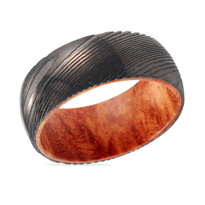 CLANCY | Red Burl Wood, Gunmetal Damascus Steel Ring, Domed - Rings - Aydins Jewelry - 2