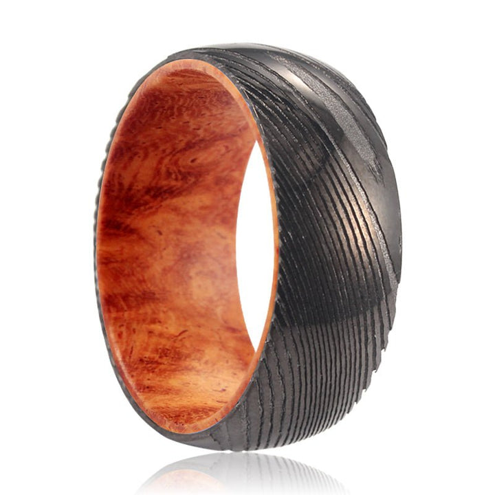 CLANCY | Red Burl Wood, Gunmetal Damascus Steel Ring, Domed - Rings - Aydins Jewelry - 1