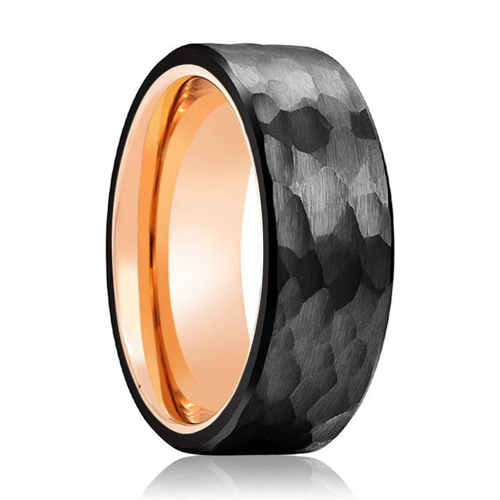 CLAW - Rose Gold Ring, Black Tungsten Ring, Hammered, Flat - Rings - Aydins Jewelry