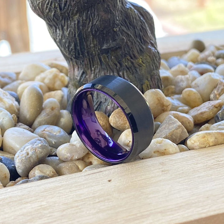 CLEMATIS | Purple Ring, Black Tungsten Ring, Brushed, Beveled - Rings - Aydins Jewelry