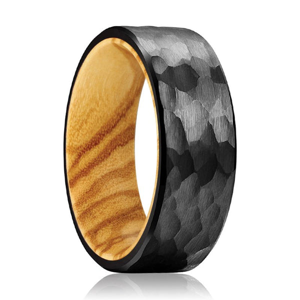 CLEVER | Olive Wood, Black Tungsten Ring, Hammered, Flat - Rings - Aydins Jewelry - 1
