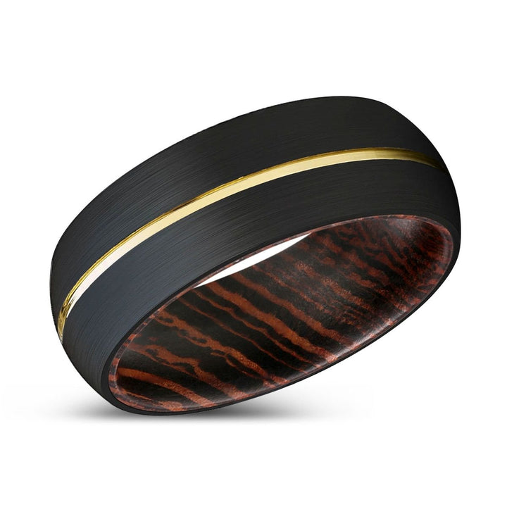 CLIFTON | Wenge Wood, Black Tungsten Ring, Gold Groove, Domed - Rings - Aydins Jewelry - 2