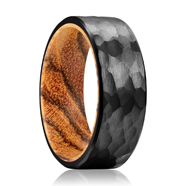 CLOVE | Bocote Wood, Black Tungsten Ring, Hammered, Flat - Rings - Aydins Jewelry