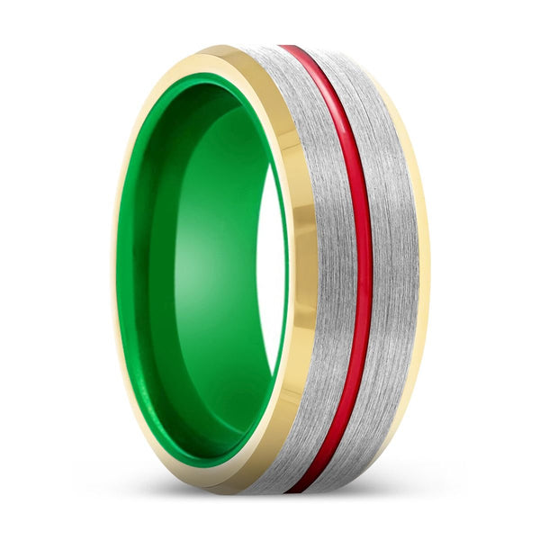 COBRA | Green Ring, Silver Tungsten Ring, Red Groove, Gold Beveled Edge