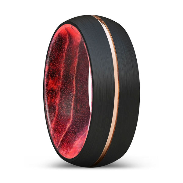 COCIA | Black & Red Wood, Black Tungsten Ring, Rose Gold Groove, Domed - Rings - Aydins Jewelry - 1