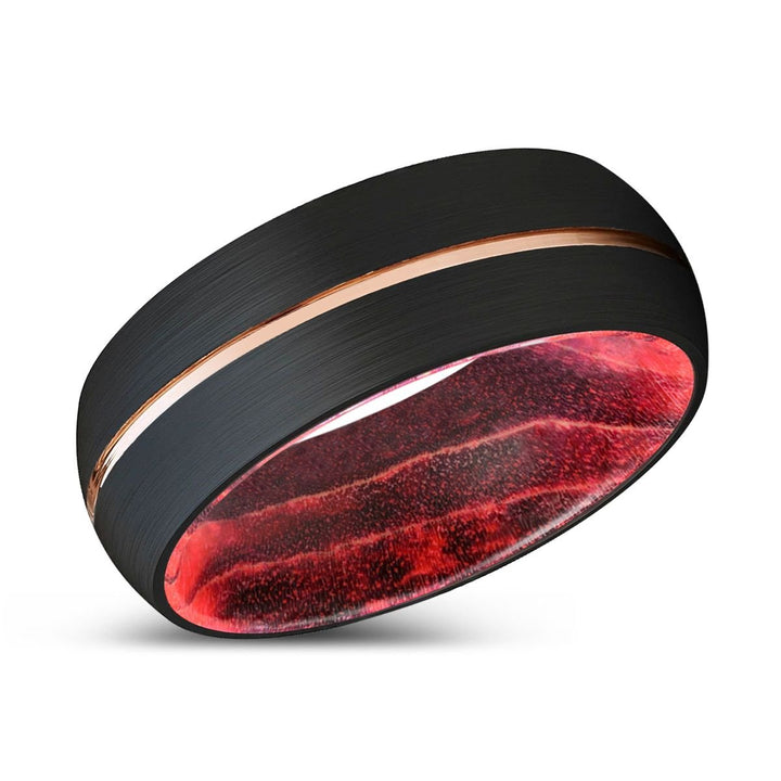 COCIA | Black & Red Wood, Black Tungsten Ring, Rose Gold Groove, Domed - Rings - Aydins Jewelry
