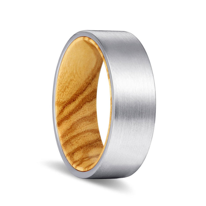 COLLET | Olive Wood, Silver Tungsten Ring, Brushed, Flat - Rings - Aydins Jewelry