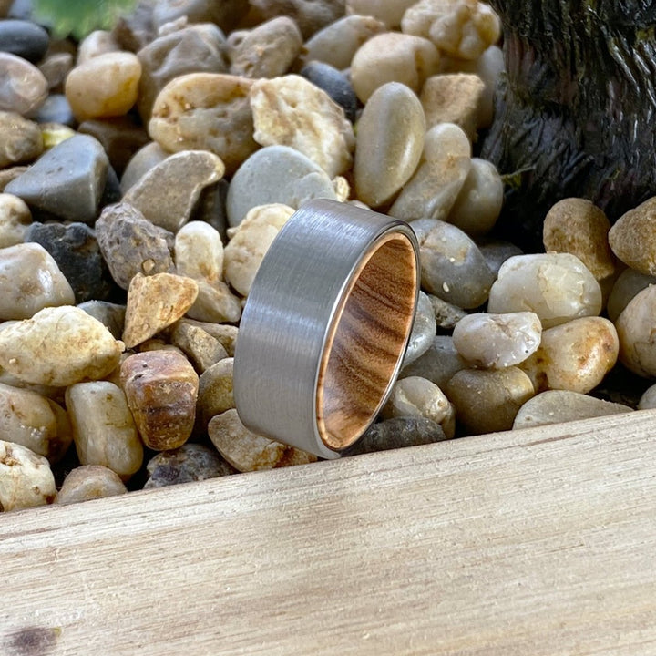 COLLET | Olive Wood, Silver Tungsten Ring, Brushed, Flat - Rings - Aydins Jewelry