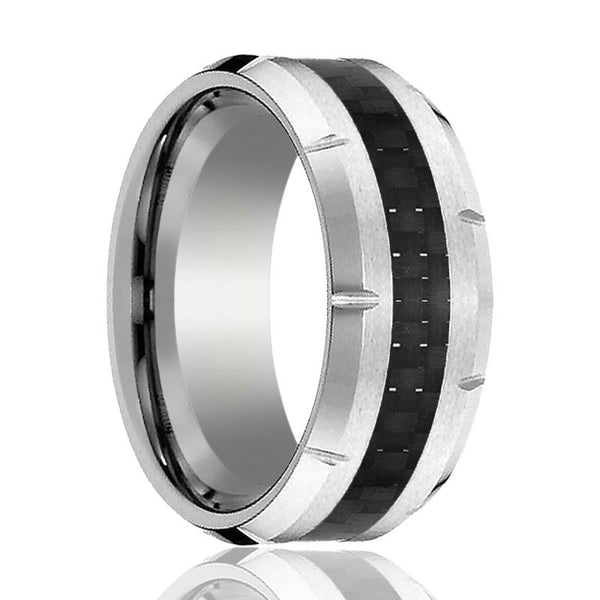 COLOSSAL | Silver Tungsten Ring, Black Carbon Fiber, Notches, Beveled - Rings - Aydins Jewelry - 1