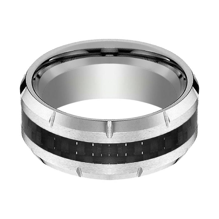 COLOSSAL | Silver Tungsten Ring, Black Carbon Fiber, Notches, Beveled - Rings - Aydins Jewelry - 2