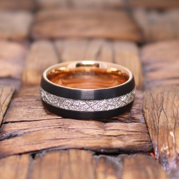 COMET | Rose Gold Tungsten Ring, Imitation Meteorite Inlay, Domed - Rings - Aydins Jewelry - 4