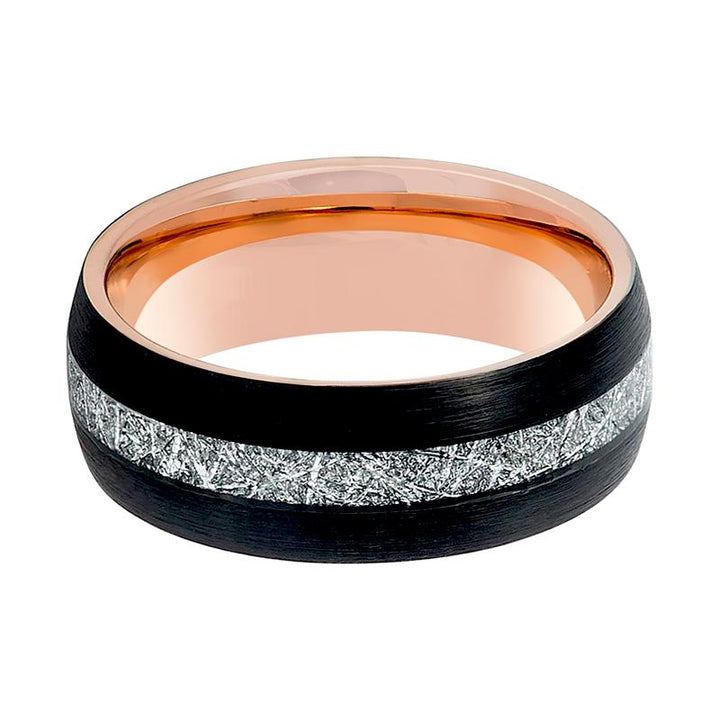 COMET | Rose Gold Tungsten Ring, Imitation Meteorite Inlay, Domed - Rings - Aydins Jewelry - 2