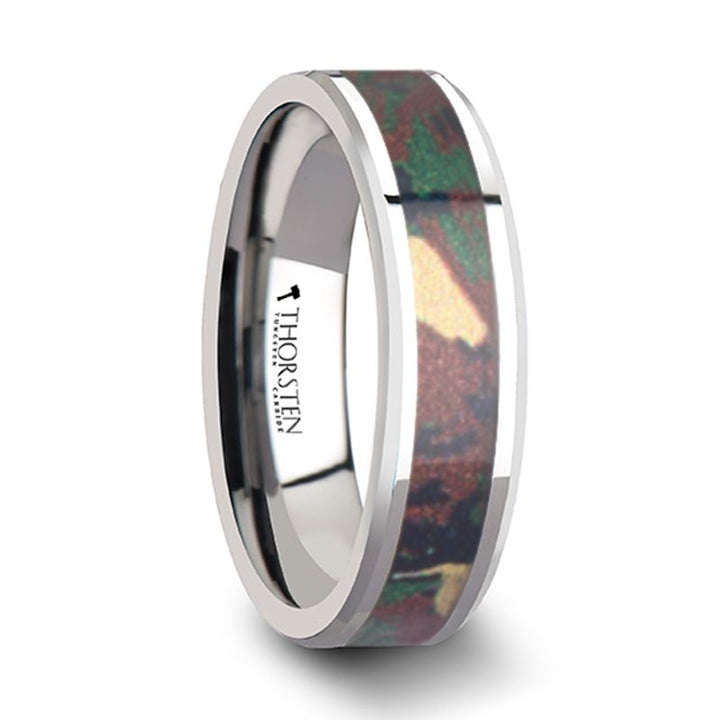 COMMANDO | Silver Tungsten Ring, Military Style Jungle Camouflage, Beveled - Rings - Aydins Jewelry - 5