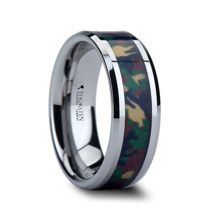 COMMANDO | Silver Tungsten Ring, Military Style Jungle Camouflage, Beveled - Rings - Aydins Jewelry - 2