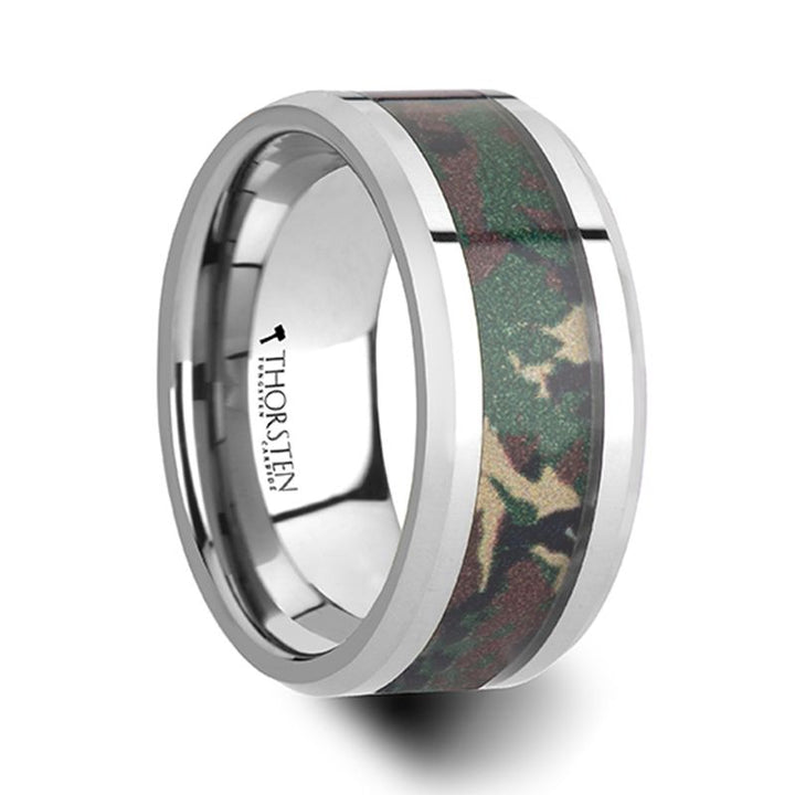 COMMANDO | Silver Tungsten Ring, Military Style Jungle Camouflage, Beveled - Rings - Aydins Jewelry - 4