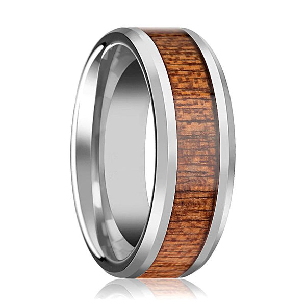 CONGO | Silver Tungsten Ring, African Sapele Wood Inlay, Beveled