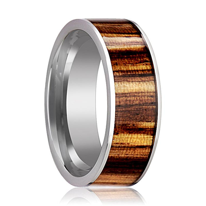 COPAN | Silver Tungsten Ring, Zebra Wood Inlay, Flat - Rings - Aydins Jewelry