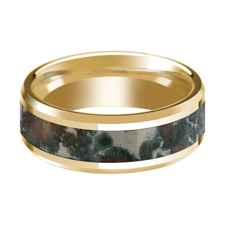 Coprolite Fossil Inlaid 14k Yellow Gold Polished Wedding Band for Men with Beveled Edges - 8MM - Rings - Aydins Jewelry - 2