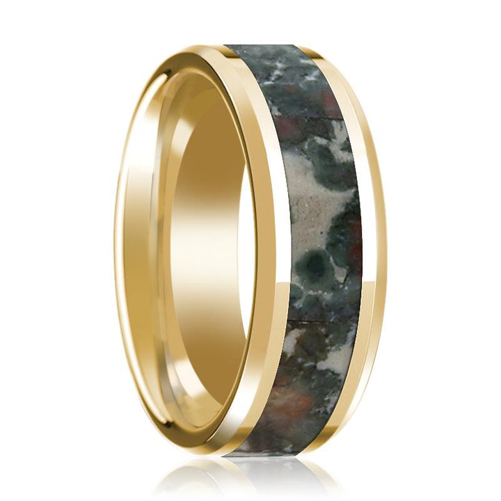 Coprolite Fossil Inlaid 14k Yellow Gold Polished Wedding Band for Men with Beveled Edges - 8MM - Rings - Aydins Jewelry - 1