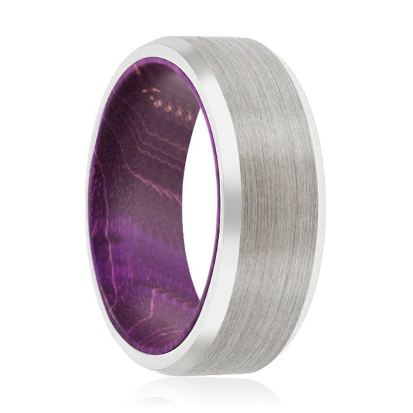 CORC | Purple Wood, Silver Tungsten Ring, Brushed, Beveled - Rings - Aydins Jewelry