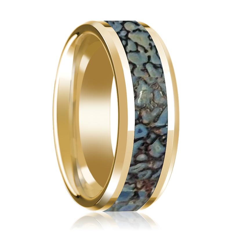 Dinosaur Bone inlay 14k yellow gold wedding band, top view