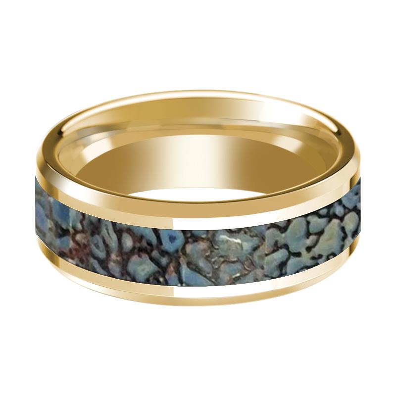 Dinosaur Bone inlay 14k yellow gold wedding band, side profile