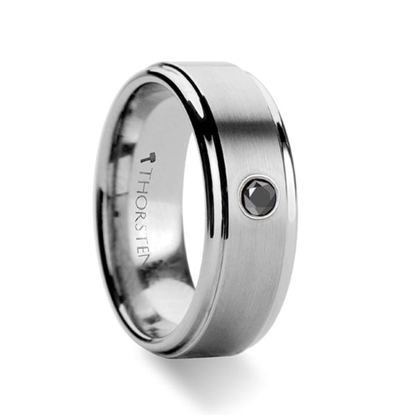 COVENTRY | Silver Tungsten Ring, One Black Diamond, Stepped Edge - Rings - Aydins Jewelry - 1