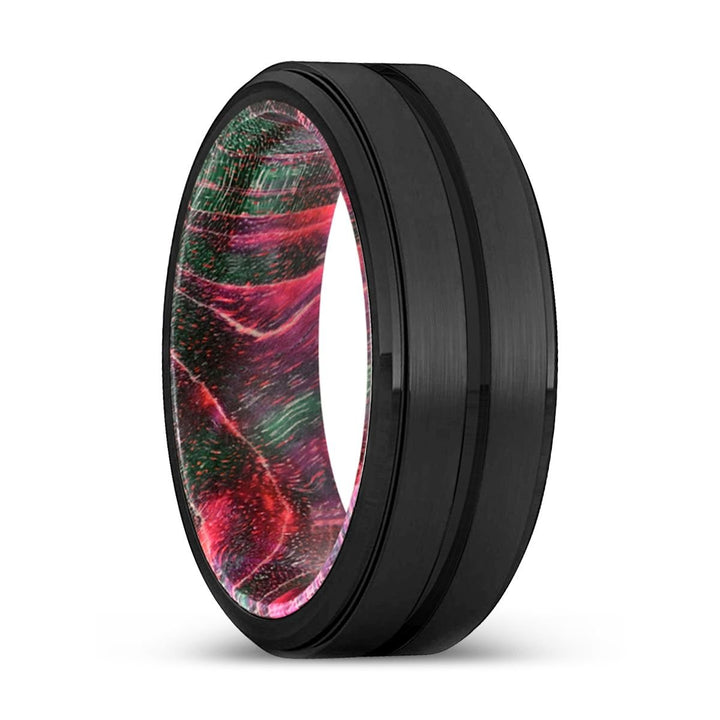 COYOTE | Green & Red Wood, Black Tungsten Ring, Grooved, Stepped Edge - Rings - Aydins Jewelry - 1