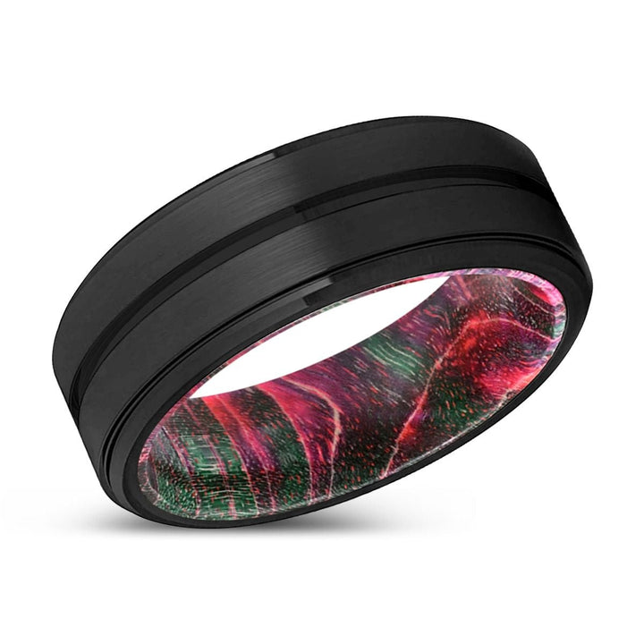COYOTE | Green & Red Wood, Black Tungsten Ring, Grooved, Stepped Edge - Rings - Aydins Jewelry - 2