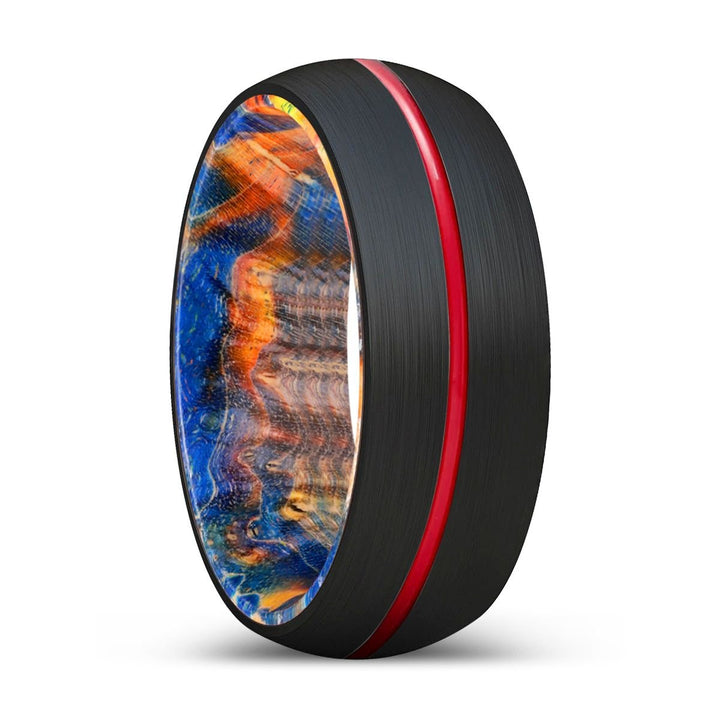 COZMO | Blue & Yellow/Orange Wood, Black Tungsten Ring, Red Groove, Domed - Rings - Aydins Jewelry - 1