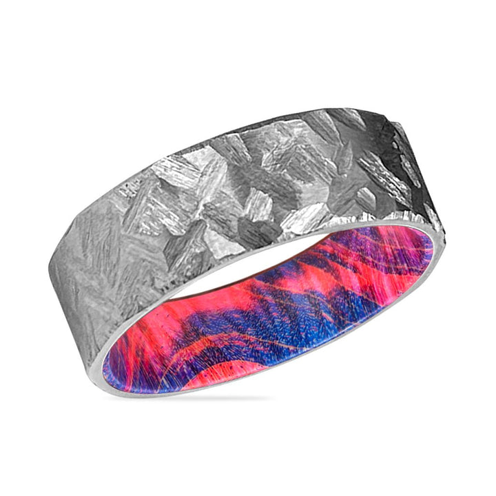 CREST | Blue and Red Wood, Silver Titanium Ring, Hammered, Flat - Rings - Aydins Jewelry