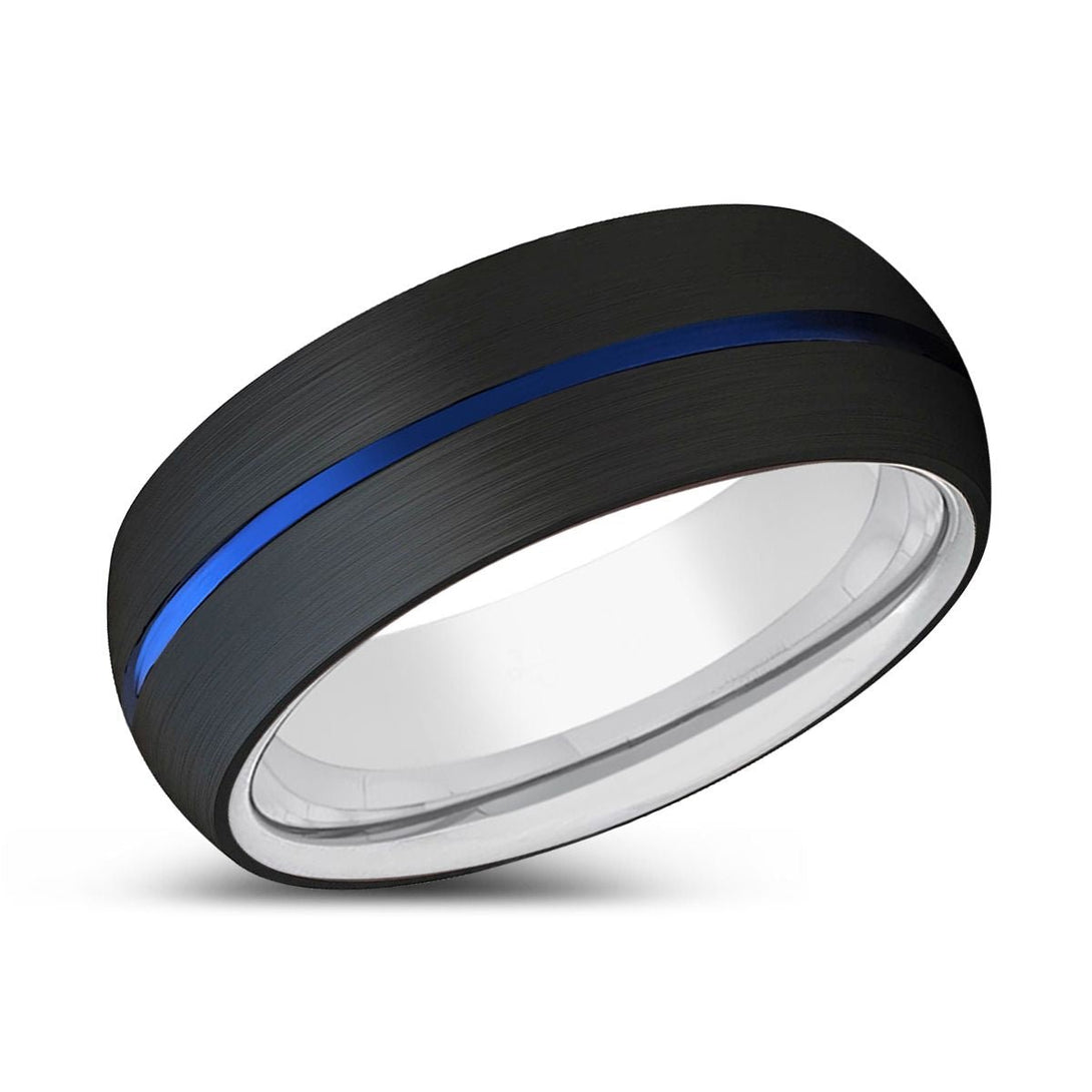 CRIMSON | Silver Ring, Black Tungsten Ring, Blue Groove, Domed - Rings - Aydins Jewelry - 2