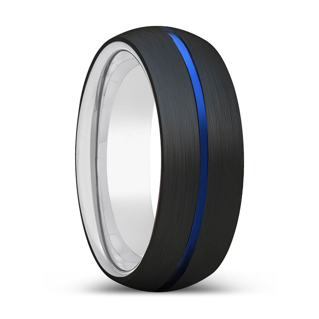 CRIMSON | Silver Ring, Black Tungsten Ring, Blue Groove, Domed - Rings - Aydins Jewelry - 1