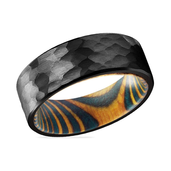 CROSSCUT | Green and Yellow Wood, Black Tungsten Ring, Hammered, Flat - Rings - Aydins Jewelry - 2