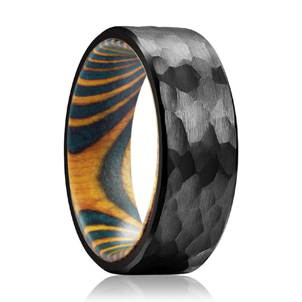 CROSSCUT | Green and Yellow Wood, Black Tungsten Ring, Hammered, Flat - Rings - Aydins Jewelry - 1