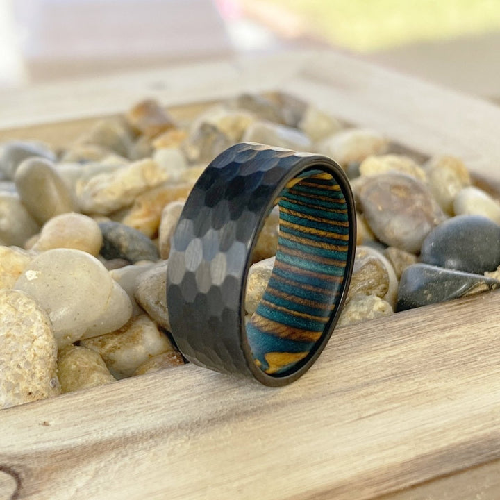 CROSSCUT | Green and Yellow Wood, Black Tungsten Ring, Hammered, Flat - Rings - Aydins Jewelry - 4