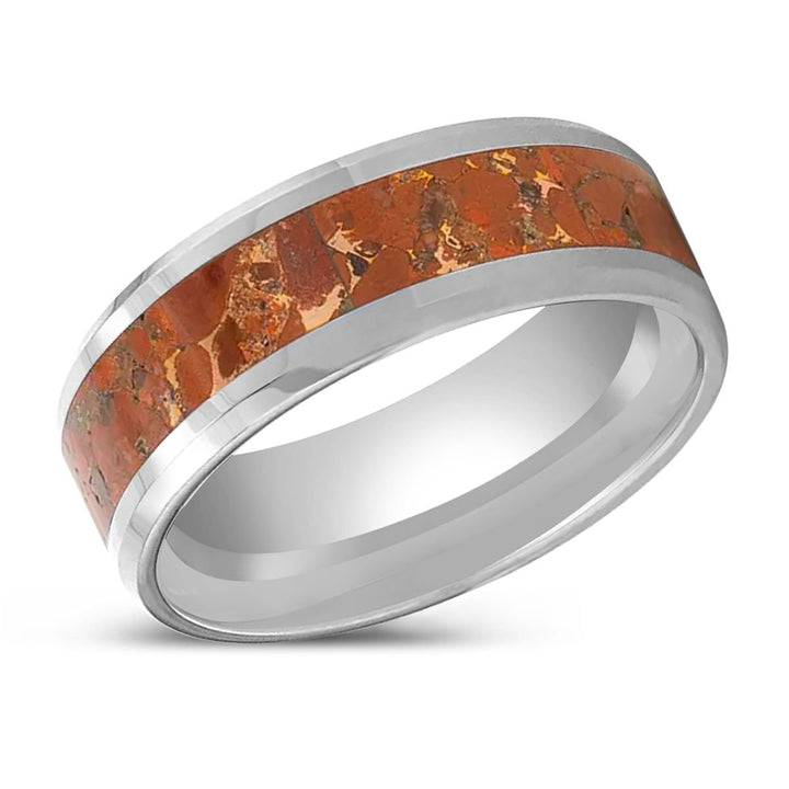 CROWN | Tungsten Ring, Orange Conglomerate Inlay, Beveled Edges - Rings - Aydins Jewelry - 2