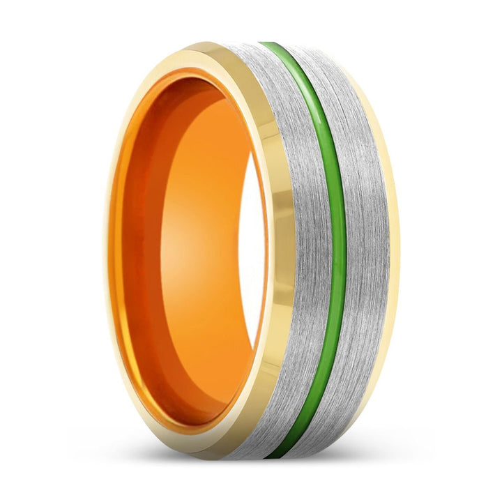 CRUSADER | Orange Ring, Silver Tungsten Ring, Green Groove, Gold Beveled Edge - Rings - Aydins Jewelry