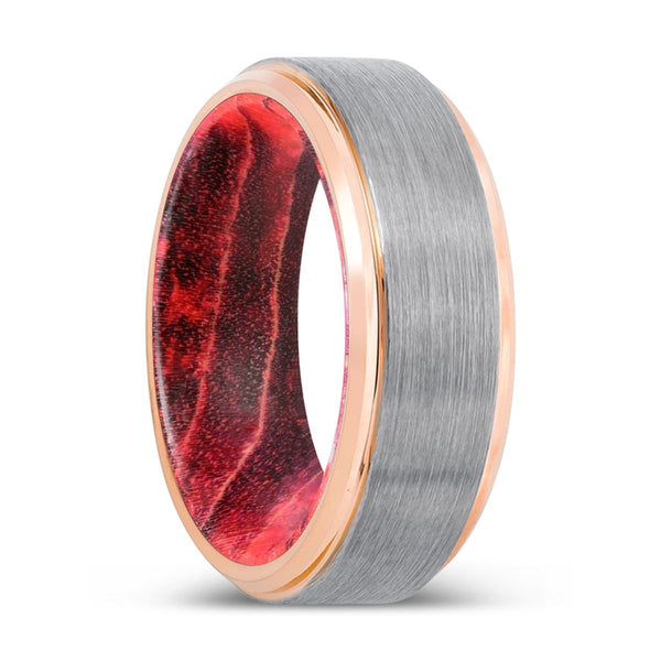 CURATOR | Black & Red Wood, Silver Tungsten Ring, Brushed, Rose Gold Stepped Edge - Rings - Aydins Jewelry - 1