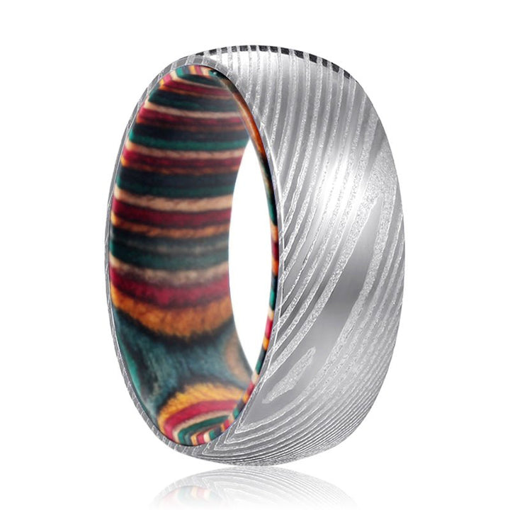 CURVE | Multi Color Wood, Silver Damascus Steel, Domed - Rings - Aydins Jewelry