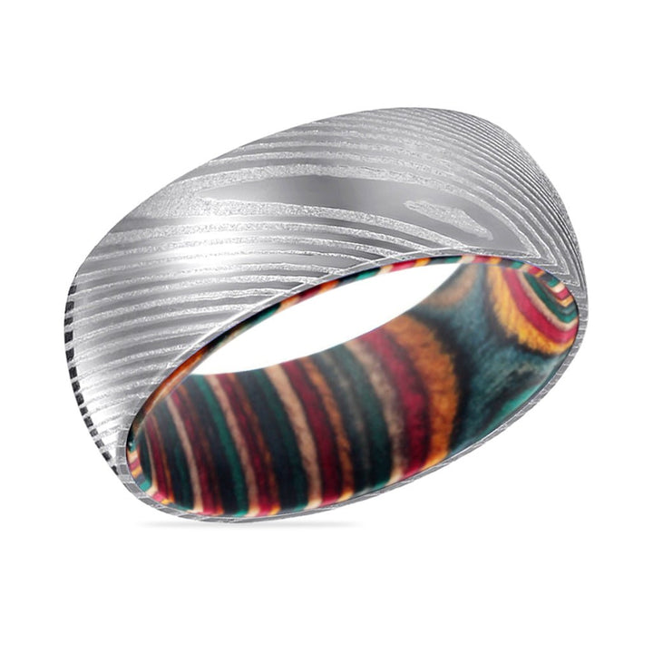 CURVE | Multi Color Wood, Silver Damascus Steel, Domed - Rings - Aydins Jewelry - 2