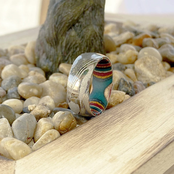 CURVE | Multi Color Wood, Silver Damascus Steel, Domed - Rings - Aydins Jewelry - 5