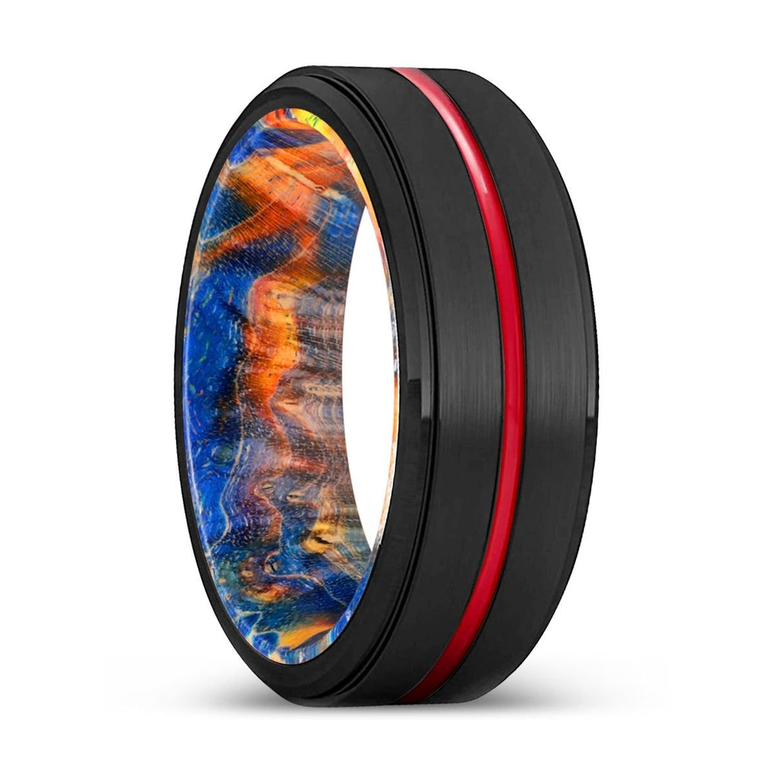 CYCLONE | Blue & Yellow/Orange Wood, Black Tungsten Ring, Red Groove, Stepped Edge - Aydins Jewelry - 1