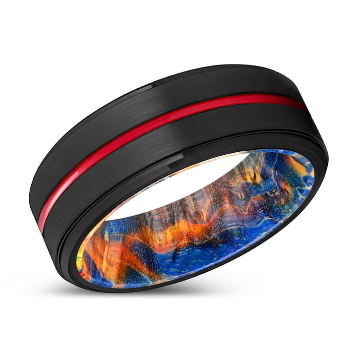 CYCLONE | Blue & Yellow/Orange Wood, Black Tungsten Ring, Red Groove, Stepped Edge - Aydins Jewelry