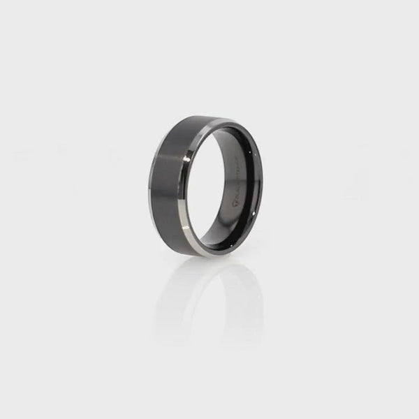 ATNOS | Black Titanium Ring, Silver Polished Edges