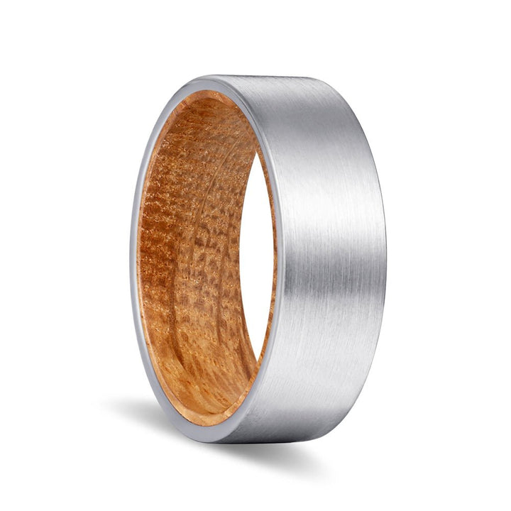DALMORE | Whiskey Barrel Wood, Silver Tungsten Ring, Brushed, Flat - Rings - Aydins Jewelry