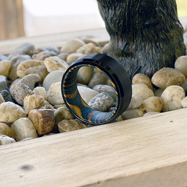 DAMON | Green and Yellow Wood, Black Tungsten Ring, Brushed, Beveled - Rings - Aydins Jewelry - 5